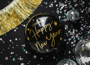 Must ümmargune happy new year fooliumist õhupall